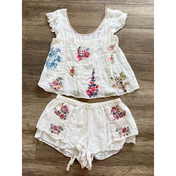Anthropologie Rosalina Embroidered Sleep Top Bottom Set White XS M Floral Soft - Picture 4 of 9
